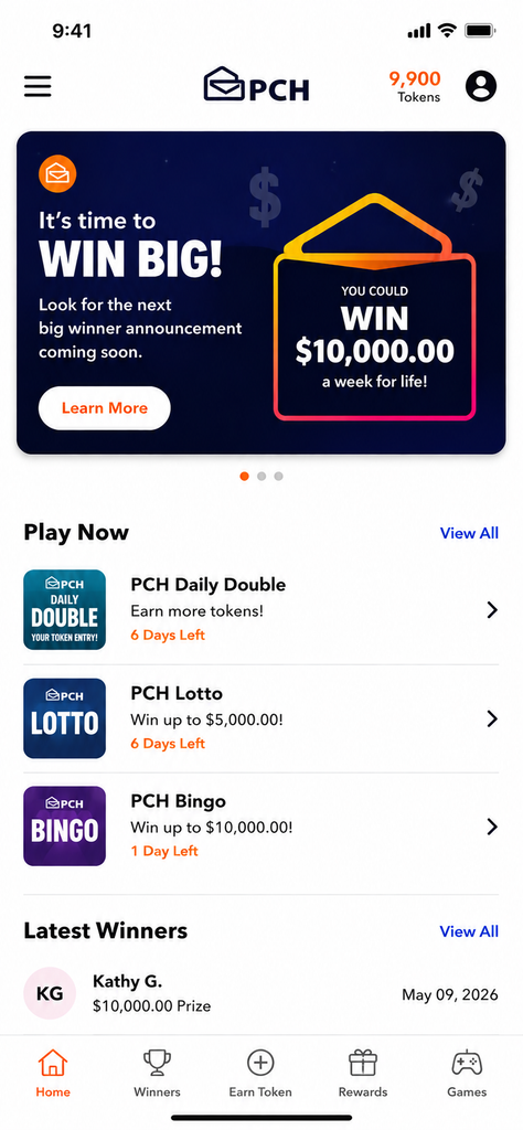 Screenshot of PCH app showing prize win notification inside user account dashboard