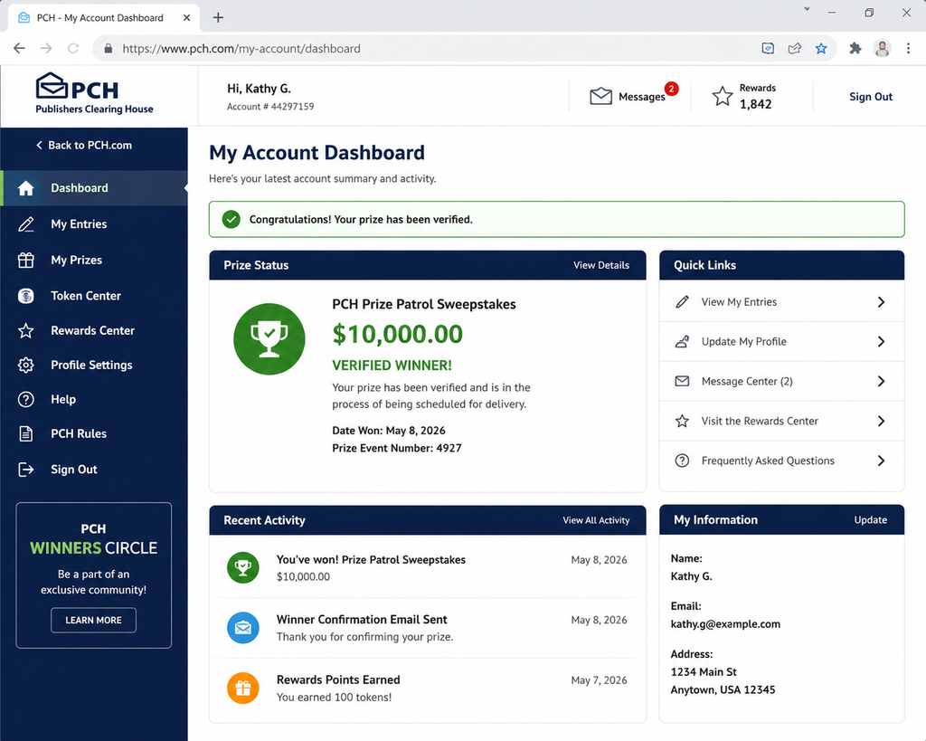 Screenshot of sweepstakes account dashboard confirming a verified prize win